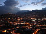 
We had dinner at Cafe Mosaico in an old house high up on a hill overlooking Old Quito. The view from Cafe Mosaico is excellent. Here is a view of Old Quito and El Panecillo just after dusk as the lights came on.
